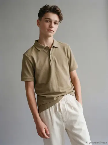 Haki Polo Yaka Erkek Çocuk Pike Tişört-Haki - 4