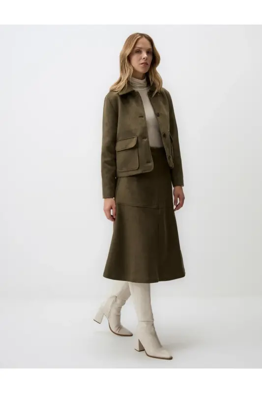 Haki Rahat Kesim Örme Kadife Midi Etek-Haki - 3