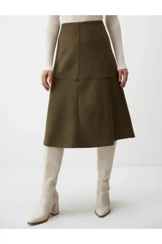 Haki Rahat Kesim Örme Kadife Midi Etek-Haki - 4