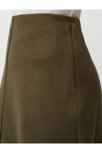 Haki Rahat Kesim Örme Kadife Midi Etek-Haki - 5
