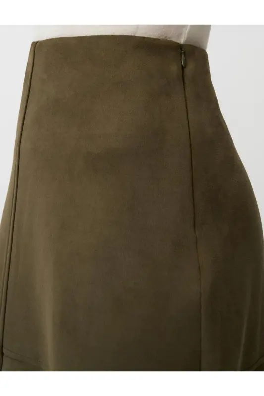 Haki Rahat Kesim Örme Kadife Midi Etek-Haki - 5