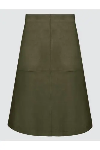 Haki Rahat Kesim Örme Kadife Midi Etek-Haki - 7