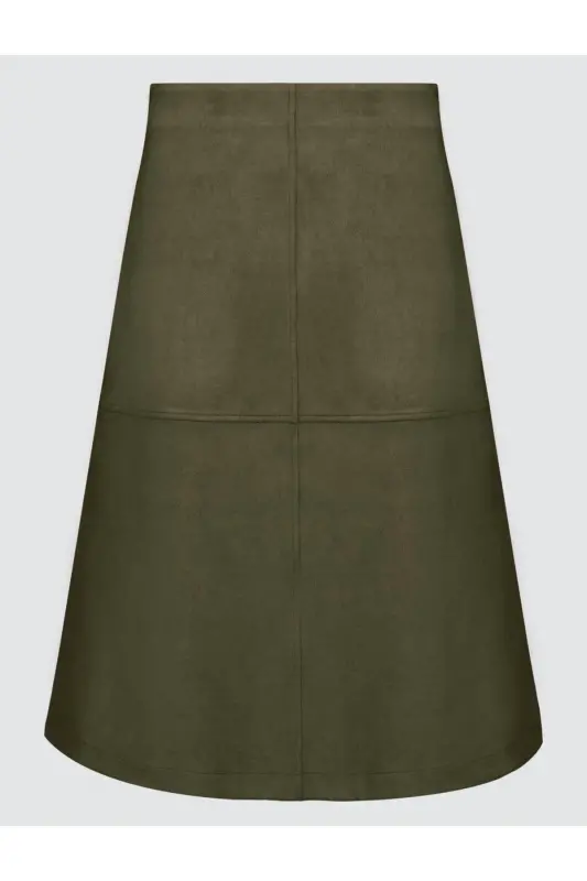 Haki Rahat Kesim Örme Kadife Midi Etek-Haki - 7