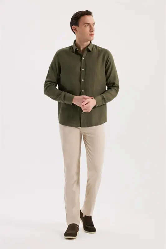 Haki Rangi Comfort Fit 100% Zig'ir Ko'ylak - 2