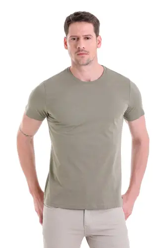 Haki Regular Fit Düz 100% Pamuk Bisiklet Yaka Tişört - A. Haki 