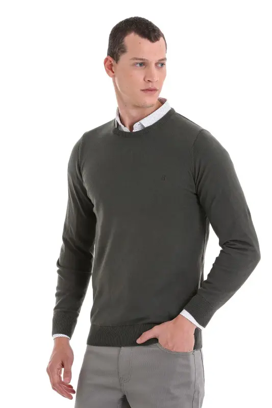 Haki Regular Fit Düz Bisiklet Yaka 100% Pamuklu Triko Kazak - Haki - 4