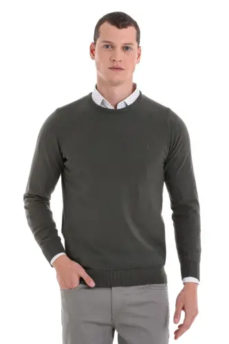 Haki Regular Fit Düz Bisiklet Yaka 100% Pamuklu Triko Kazak - Haki - 1