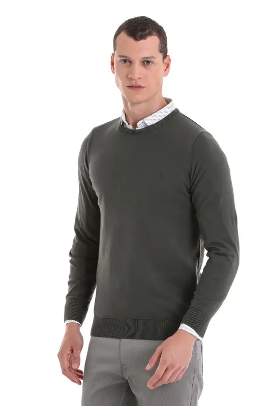 Haki Regular Fit Düz Bisiklet Yaka 100% Pamuklu Triko Kazak - Haki - 3