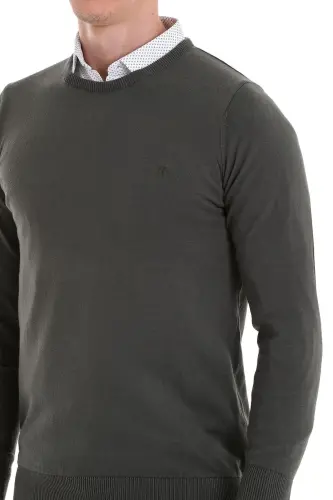 Haki Regular Fit Düz Bisiklet Yaka 100% Pamuklu Triko Kazak - Haki - 5