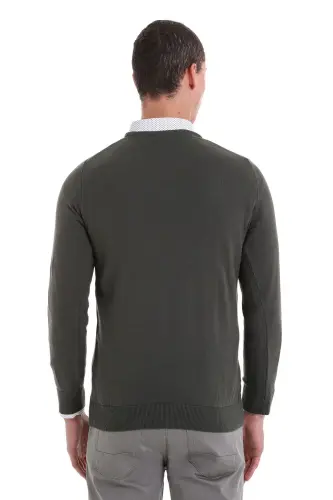 Haki Regular Fit Düz Bisiklet Yaka 100% Pamuklu Triko Kazak - Haki - 6