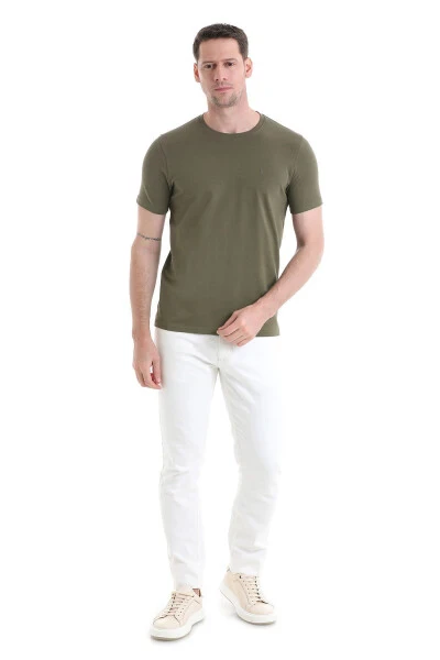 Haki Regular Fit Düz Pamuklu Bisiklet Yaka Triko Tişört-Haki - 2