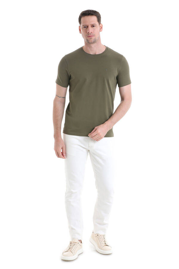 Haki Regular Fit Düz Pamuklu Bisiklet Yaka Triko Tişört-Haki - 2