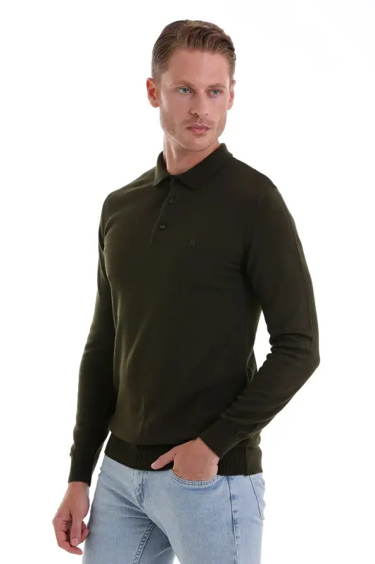 Haki Regular Fit Düz Polo Yaka Triko Kazak-Haki - HATEMOĞLU