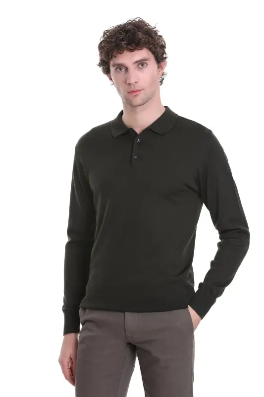 Haki Regular Fit Düz Polo Yaka Triko Kazak-Haki - 1