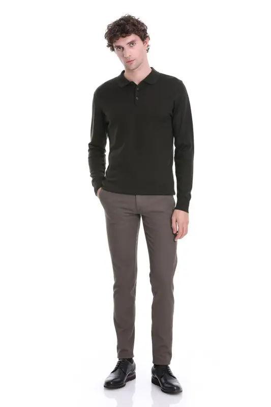 Haki Regular Fit Düz Polo Yaka Triko Kazak-Haki - 2