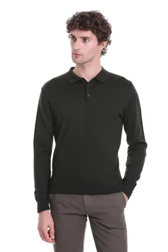 Haki Regular Fit Düz Polo Yaka Triko Kazak-Haki - 4