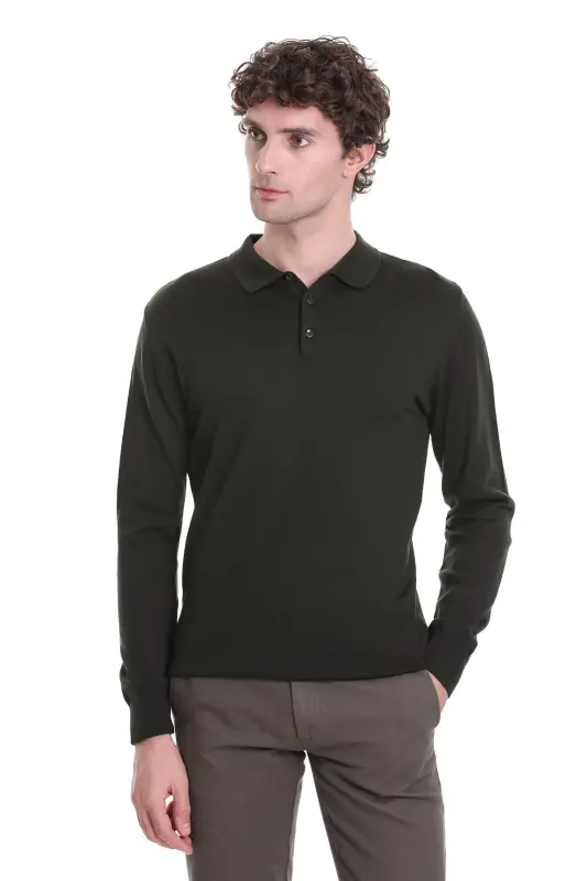 Haki Regular Fit Düz Polo Yaka Triko Kazak-Haki - 4