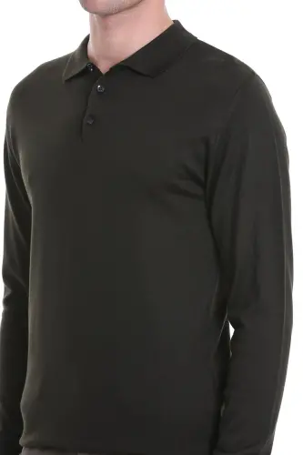 Haki Regular Fit Düz Polo Yaka Triko Kazak-Haki - 5