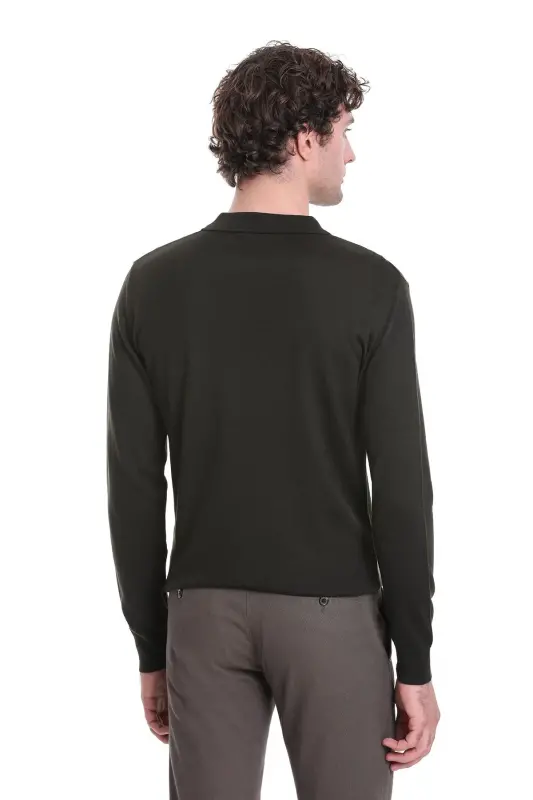 Haki Regular Fit Düz Polo Yaka Triko Kazak-Haki - 6