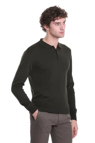 Haki Regular Fit Düz Polo Yaka Triko Kazak - Haki - 3