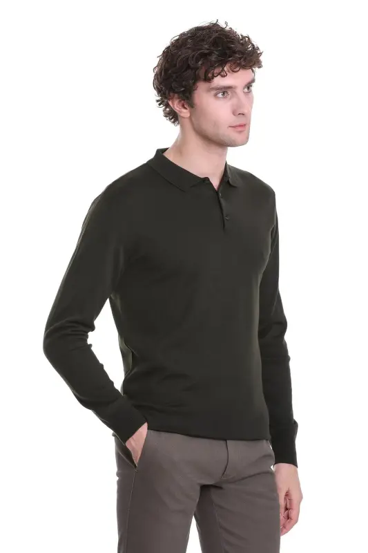 Haki Regular Fit Düz Polo Yaka Triko Kazak - Haki - 3