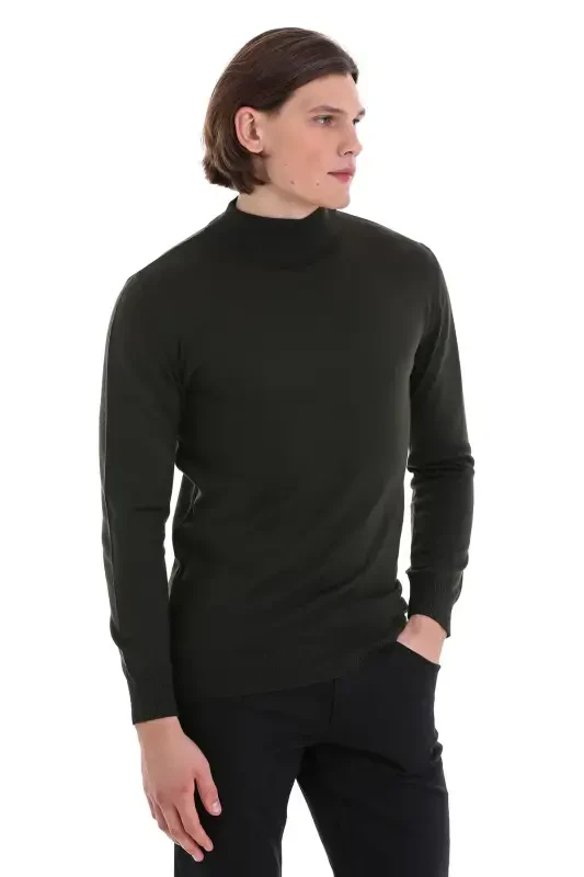 Haki Regular Fit Düz Yarım Balıkçı Yaka Yünlü Trik - 3