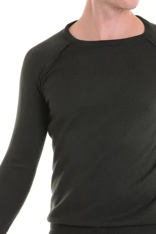 Haki Regular Fit naqshli velosiped yoqali jun triko - 5