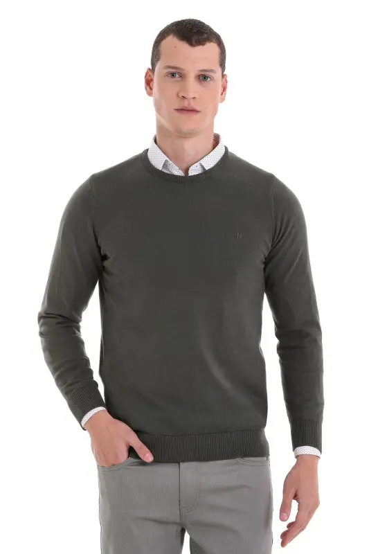 Haki Regular Fit Oddiy Dumaloq Yoqa 100% Paxtali Trikotaj Jemper - Haki - 1