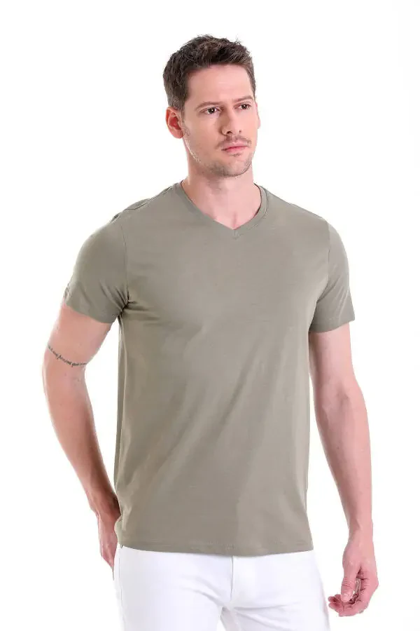 Haki Regular Fit Plain 100% Cotton V-Neck T-Shirt - 1