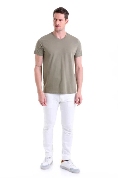 Haki Regular Fit Plain 100% Cotton V-Neck T-Shirt - 2