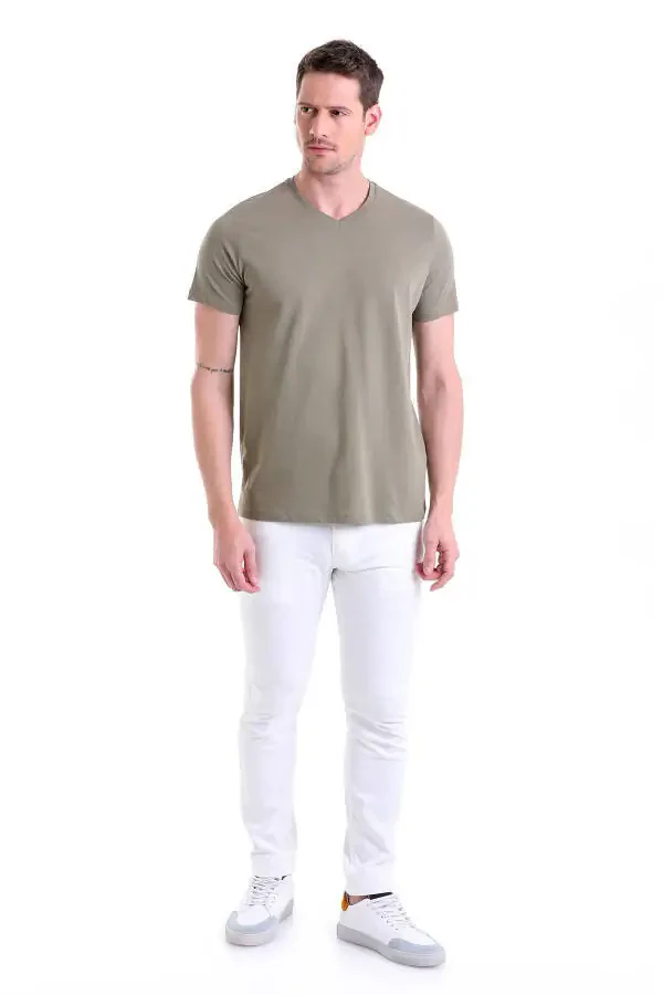 Haki Regular Fit Plain 100% Cotton V-Neck T-Shirt - 2
