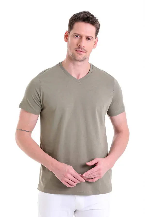 Haki Regular Fit Plain 100% Cotton V-Neck T-Shirt - 3