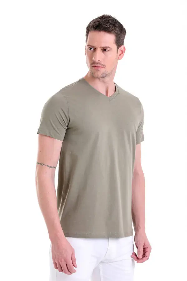 Haki Regular Fit Plain 100% Cotton V-Neck T-Shirt - 4