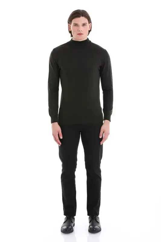 Haki Regular Fit tekis yarim bo'yinli jun trikotaj - 2