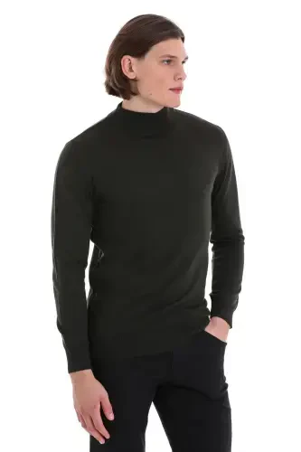 Haki Regular Fit tekis yarim bo'yinli jun trikotaj - 3