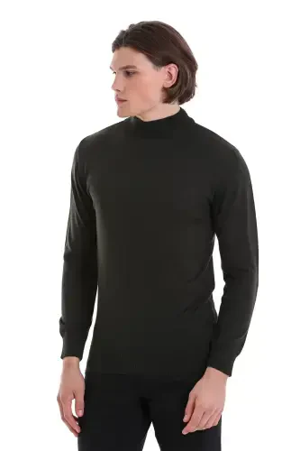 Haki Regular Fit tekis yarim bo'yinli jun trikotaj - 4