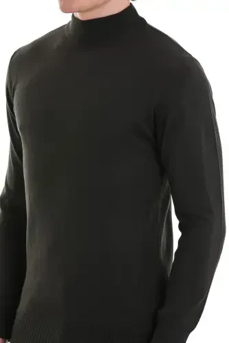 Haki Regular Fit tekis yarim bo'yinli jun trikotaj - 5