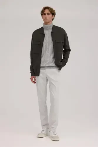 Haki Slim Fit Bebe Yaka Fermuarlı Cepli Rayon Triko Ceket - 2