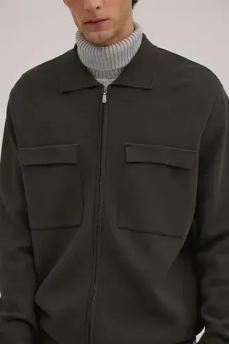 Haki Slim Fit Bebe Yaka Fermuarlı Cepli Rayon Triko Ceket - 3