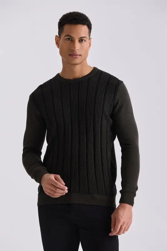 Haki Slim Fit Bisiklet Yaka Çizgi Desenli Triko Kazak - JAKAMEN