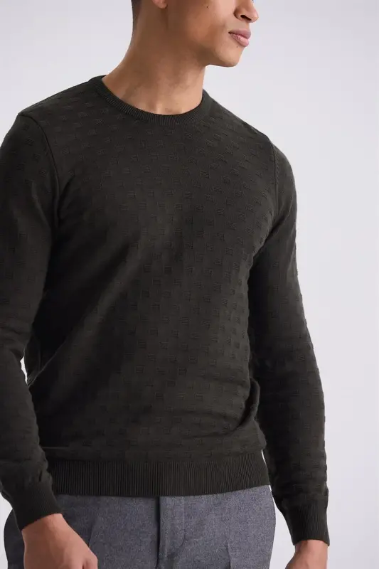 Haki Slim Fit Bisiklet Yaka Desenli Triko Kazak - 3