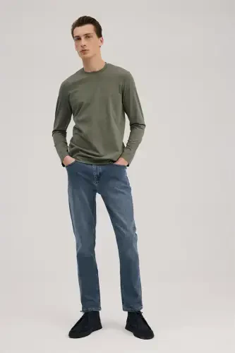 Haki Slim Fit Bisiklet Yaka Rayon Uzun Kollu Basic T-Shirt - 2