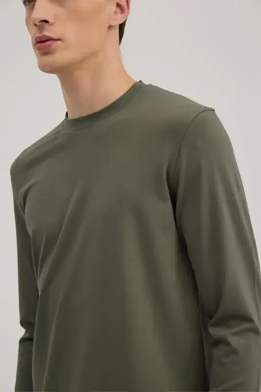 Haki Slim Fit Bisiklet Yaka Rayon Uzun Kollu Basic T-Shirt - 3