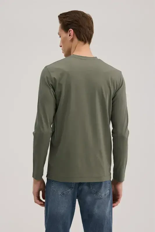 Haki Slim Fit Bisiklet Yaka Rayon Uzun Kollu Basic T-Shirt - 4