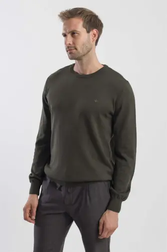 Haki Slim Fit Bisiklet Yaka Triko Kazak - 3