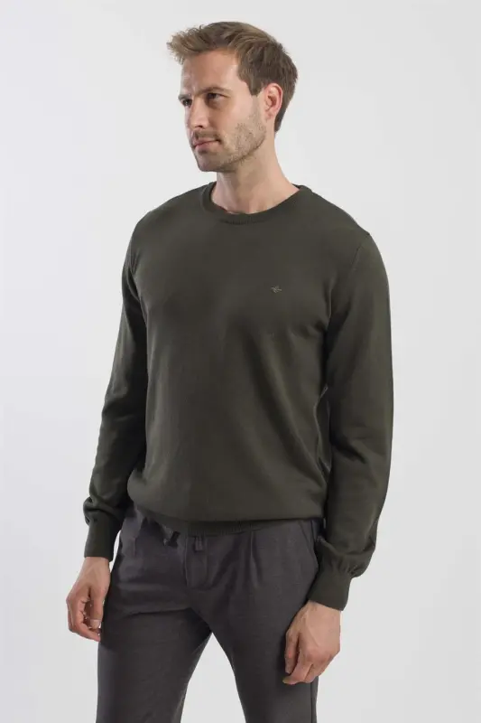 Haki Slim Fit Bisiklet Yaka Triko Kazak - 3