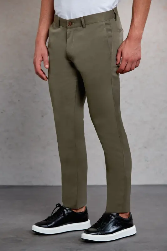 Haki Slim Fit Desenli Yandan Cep Kanvas Pantolon-Haki D. - 1