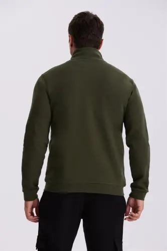 Haki Slim Fit Fermuarlı Pamuklu Likralı Eşofman Üstü - 4