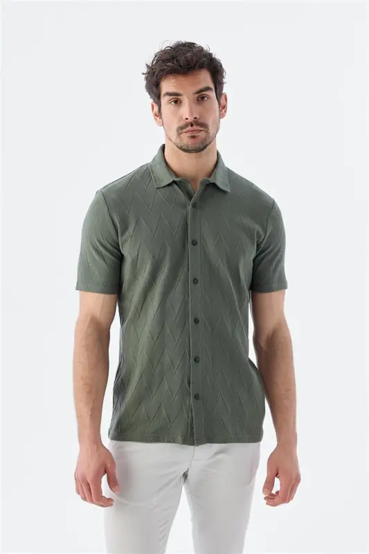 Haki Slim Fit Gömlek Yaka T-Shirt - JAKAMEN