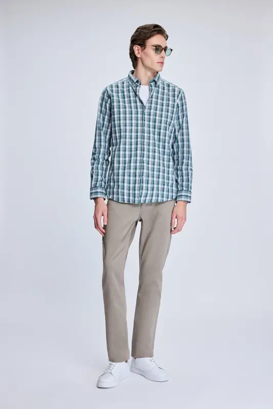Haki Slim Fit Kareli Düğmeli Yaka Uzun Kollu Pamuklu Gömlek - Haki - 2